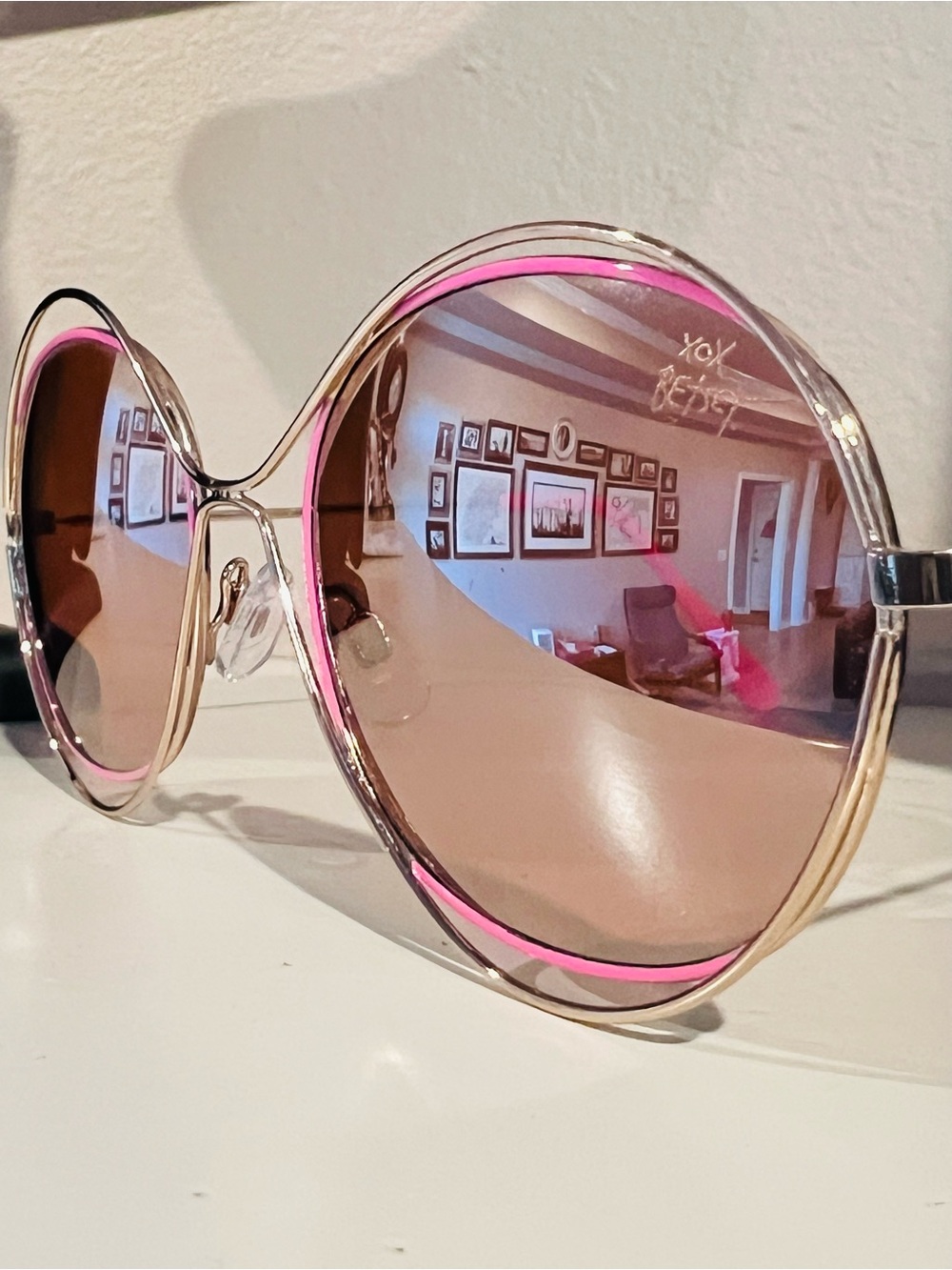 Betsey Johnson Cool Two Tone Circular Rim Reflective Sunglasses Pink Gold